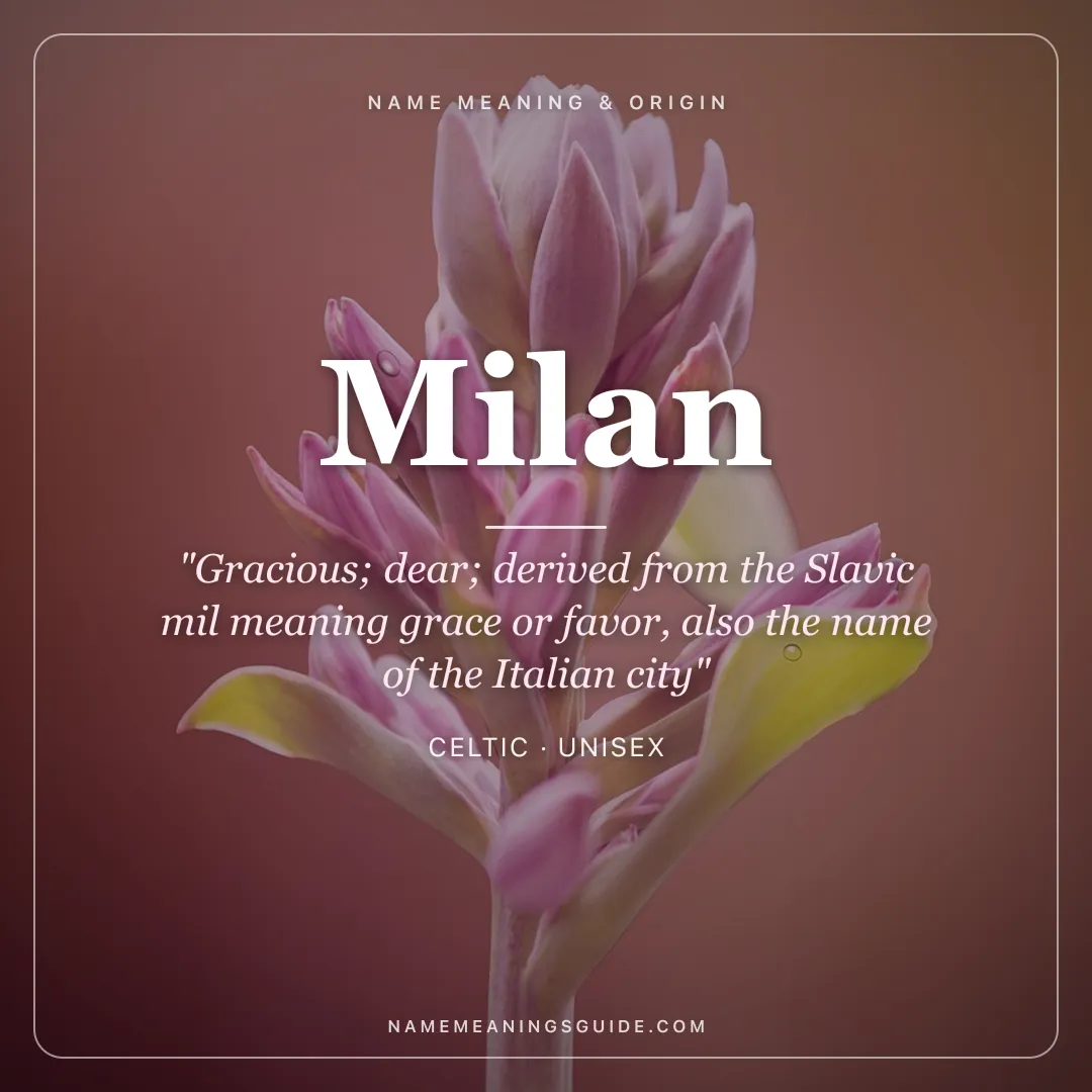 Milan name meaning "Gracious; dear; derived from the Slavic mil meaning grace or favor, also the name of the Italian city" - Celtic unisex name share card | NameMeanings