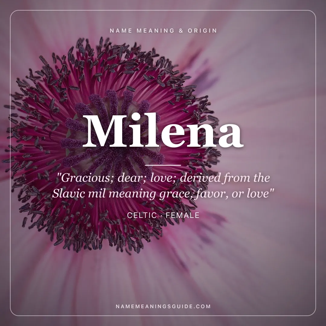 Milena name meaning "Gracious; dear; love; derived from the Slavic mil meaning grace, favor, or love" - Celtic female name share card | NameMeanings