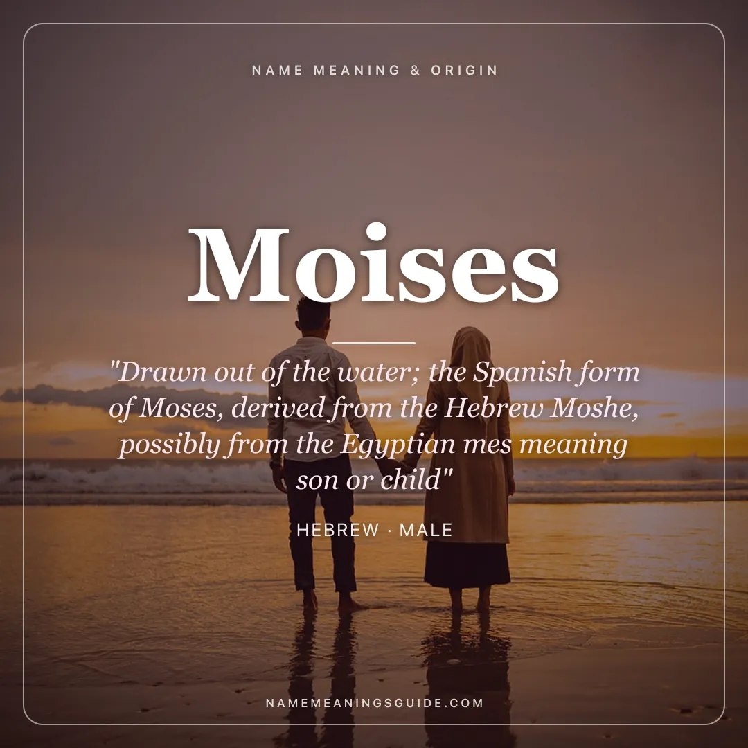 Moises name meaning "Drawn out of the water; the Spanish form of Moses, derived from the Hebrew Moshe, possibly from the Egyptian mes meaning son or child" - Hebrew male name share card | NameMeanings