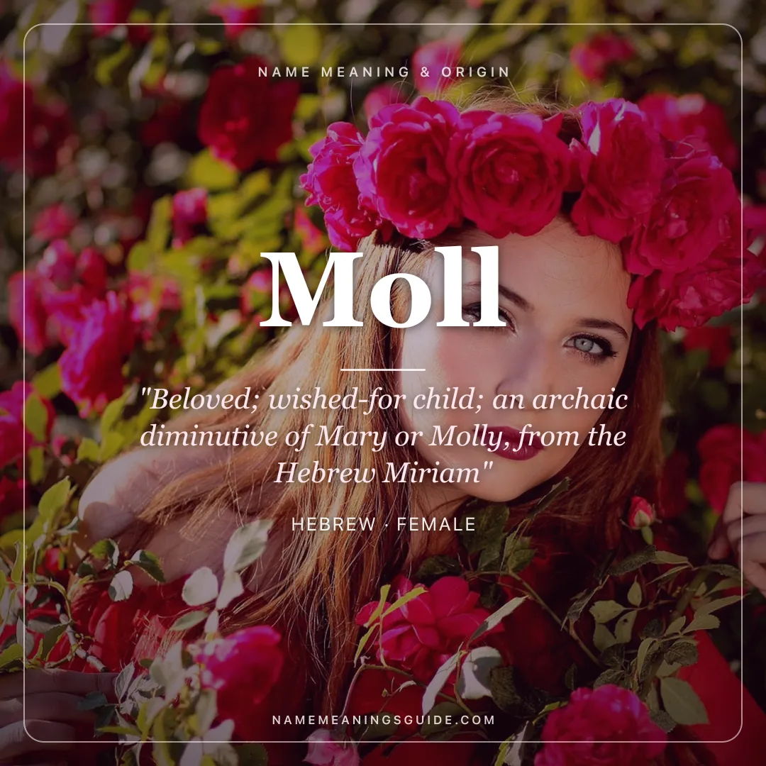 Moll name meaning "Beloved; wished-for child; an archaic diminutive of Mary or Molly, from the Hebrew Miriam" - Hebrew female name share card | NameMeanings