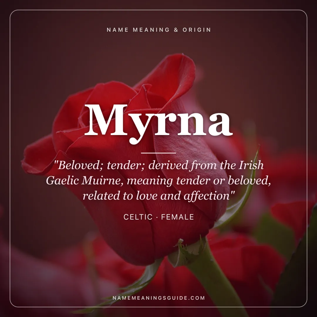 Myrna name meaning "Beloved; tender; derived from the Irish Gaelic Muirne, meaning tender or beloved, related to love and affection" - Celtic female name share card | NameMeanings