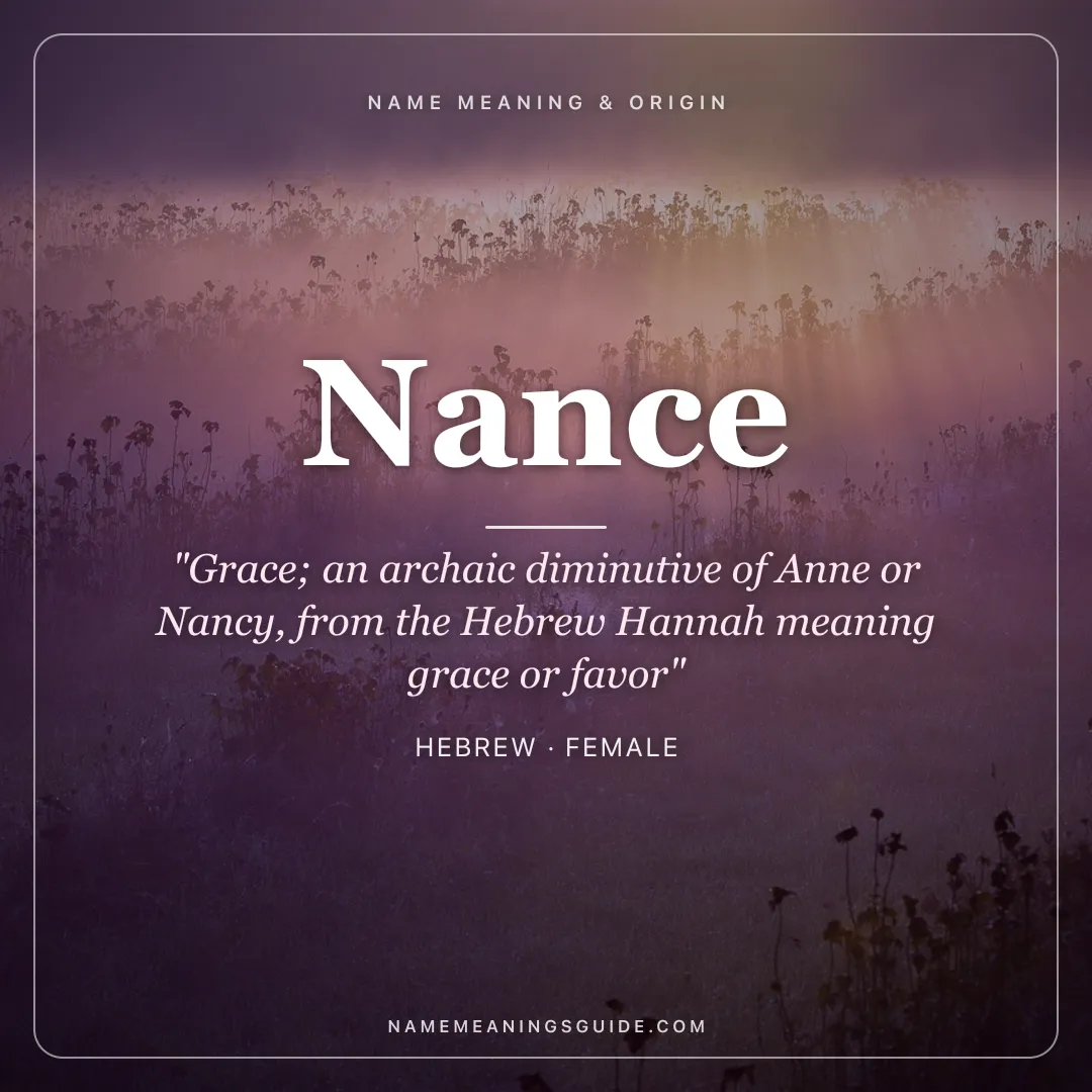 Nance name meaning "Grace; an archaic diminutive of Anne or Nancy, from the Hebrew Hannah meaning grace or favor" - Hebrew female name share card | NameMeanings