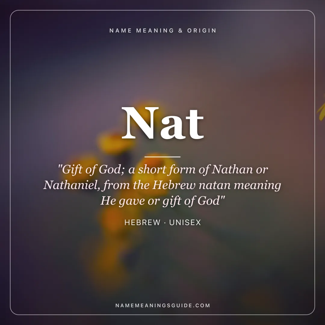 Nat name meaning "Gift of God; a short form of Nathan or Nathaniel, from the Hebrew natan meaning He gave or gift of God" - Hebrew unisex name share card | NameMeanings