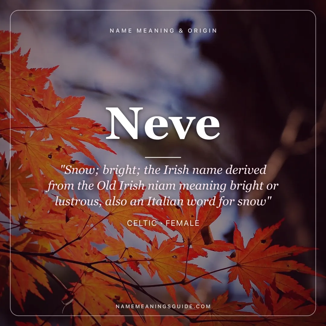 Neve name meaning "Snow; bright; the Irish name derived from the Old Irish niam meaning bright or lustrous, also an Italian word for snow" - Celtic female name share card | NameMeanings