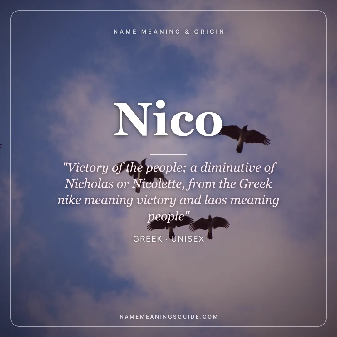 Nico name meaning "Victory of the people; a diminutive of Nicholas or Nicolette, from the Greek nike meaning victory and laos meaning people" - Greek unisex name share card | NameMeanings
