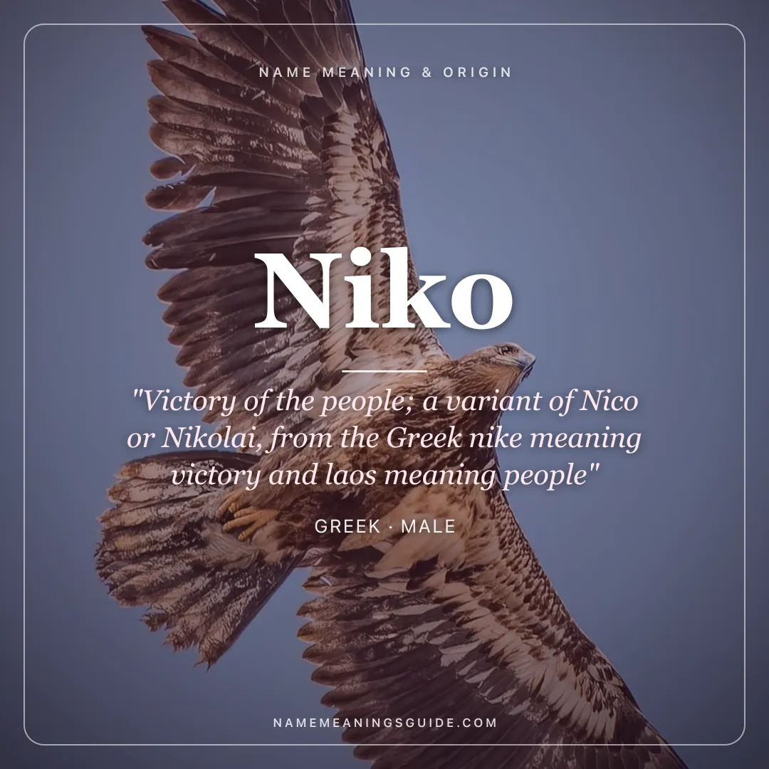 Niko name meaning "Victory of the people; a variant of Nico or Nikolai, from the Greek nike meaning victory and laos meaning people" - Greek male name share card | NameMeanings