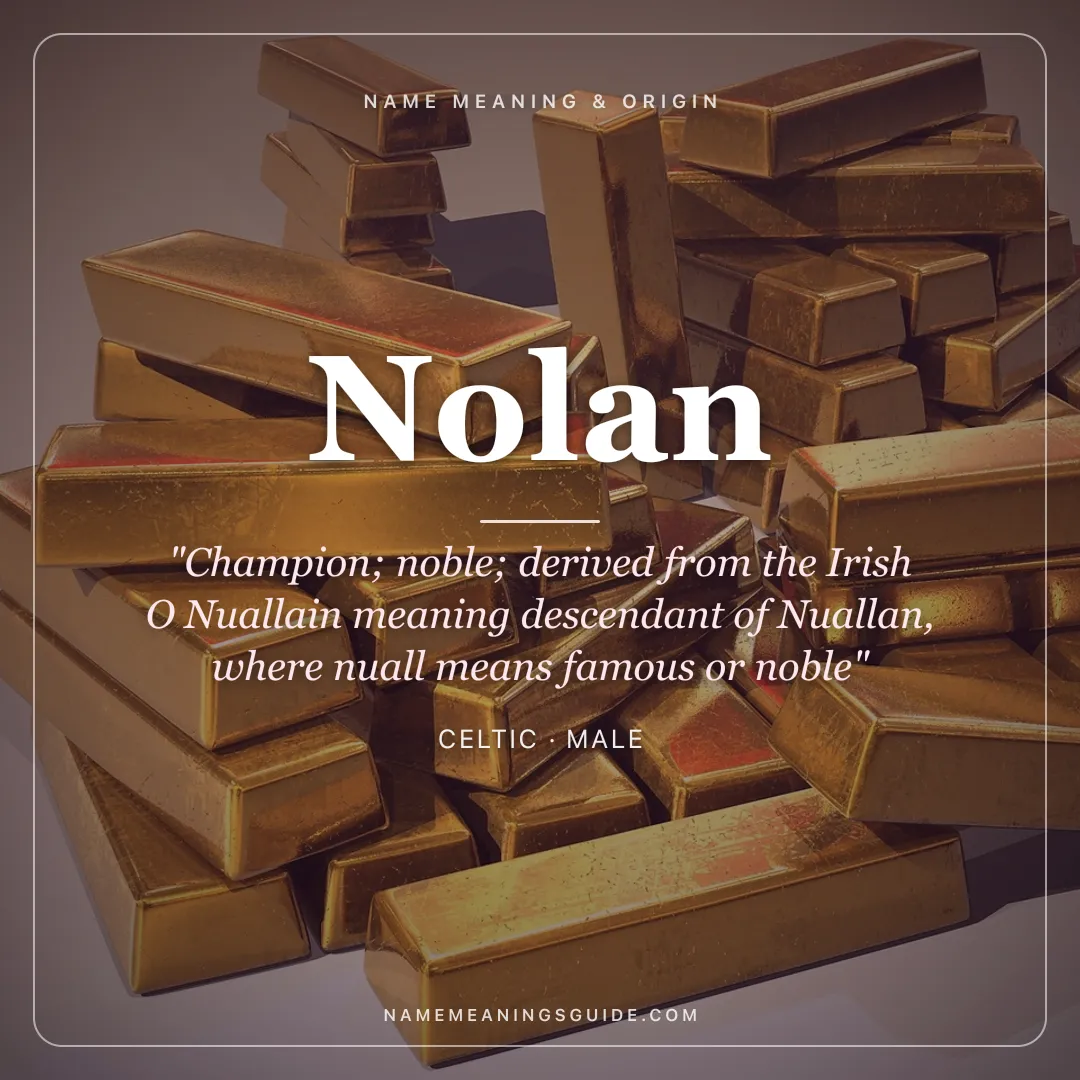 Nolan name meaning "Champion; noble; derived from the Irish O Nuallain meaning descendant of Nuallan, where nuall means famous or noble" - Celtic male name share card | NameMeanings