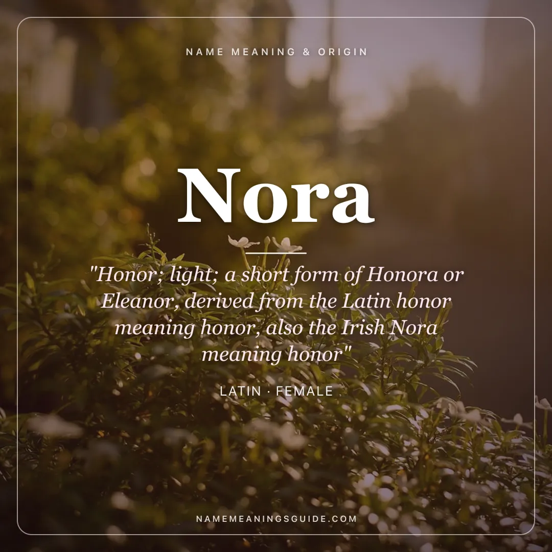Nora name meaning "Honor; light; a short form of Honora or Eleanor, derived from the Latin honor meaning honor, also the Irish Nora meaning honor" - Latin female name share card | NameMeanings