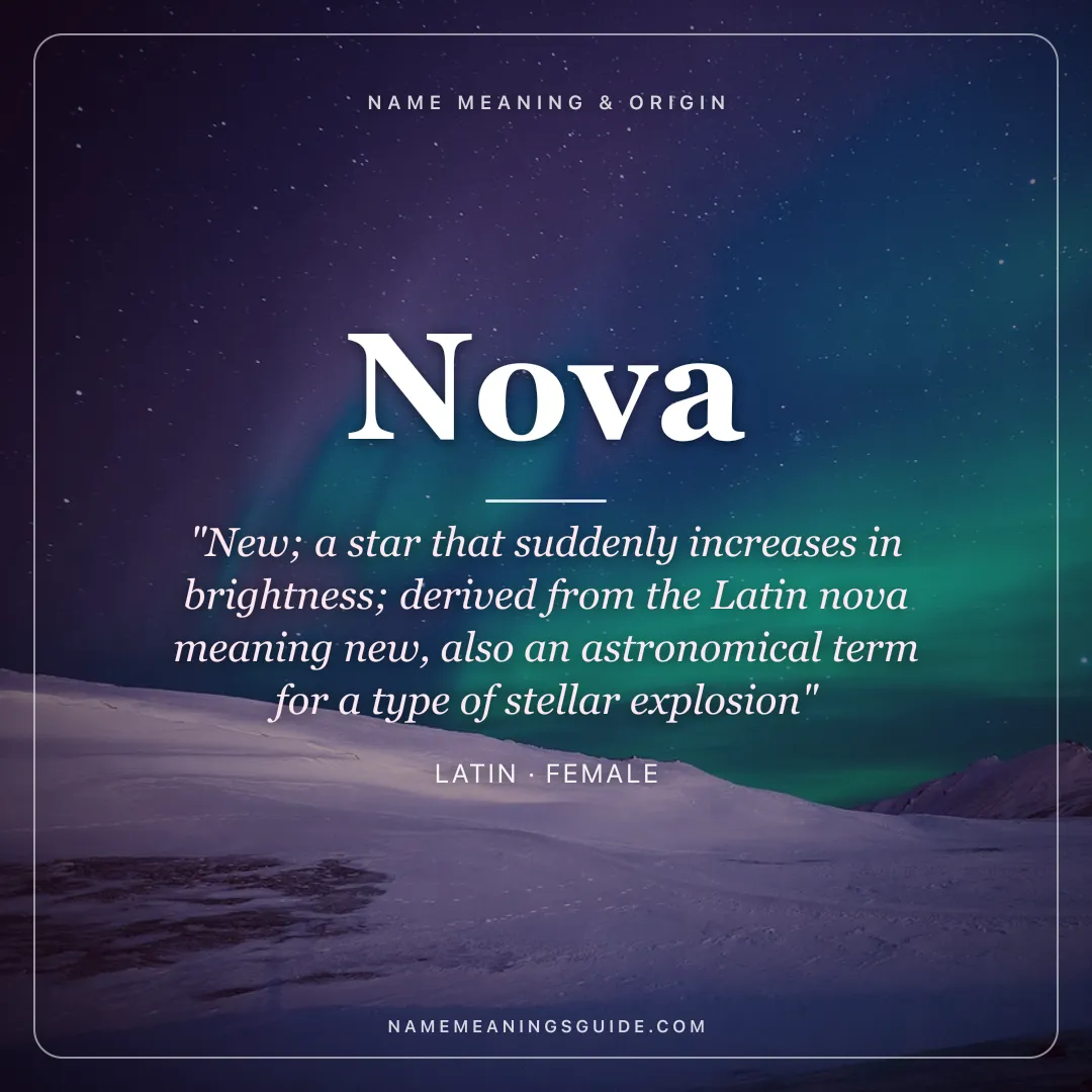 Nova name meaning "New; a star that suddenly increases in brightness; derived from the Latin nova meaning new, also an astronomical term for a type of stellar explosion" - Latin female name share card | NameMeanings