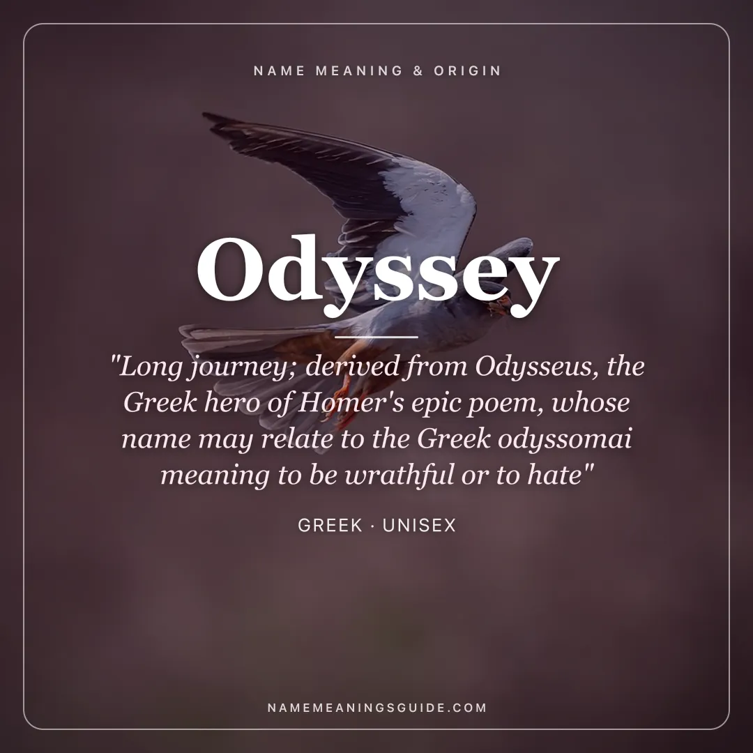 Odyssey name meaning "Long journey; derived from Odysseus, the Greek hero of Homer's epic poem, whose name may relate to the Greek odyssomai meaning to be wrathful or to hate" - Greek unisex name share card | NameMeanings