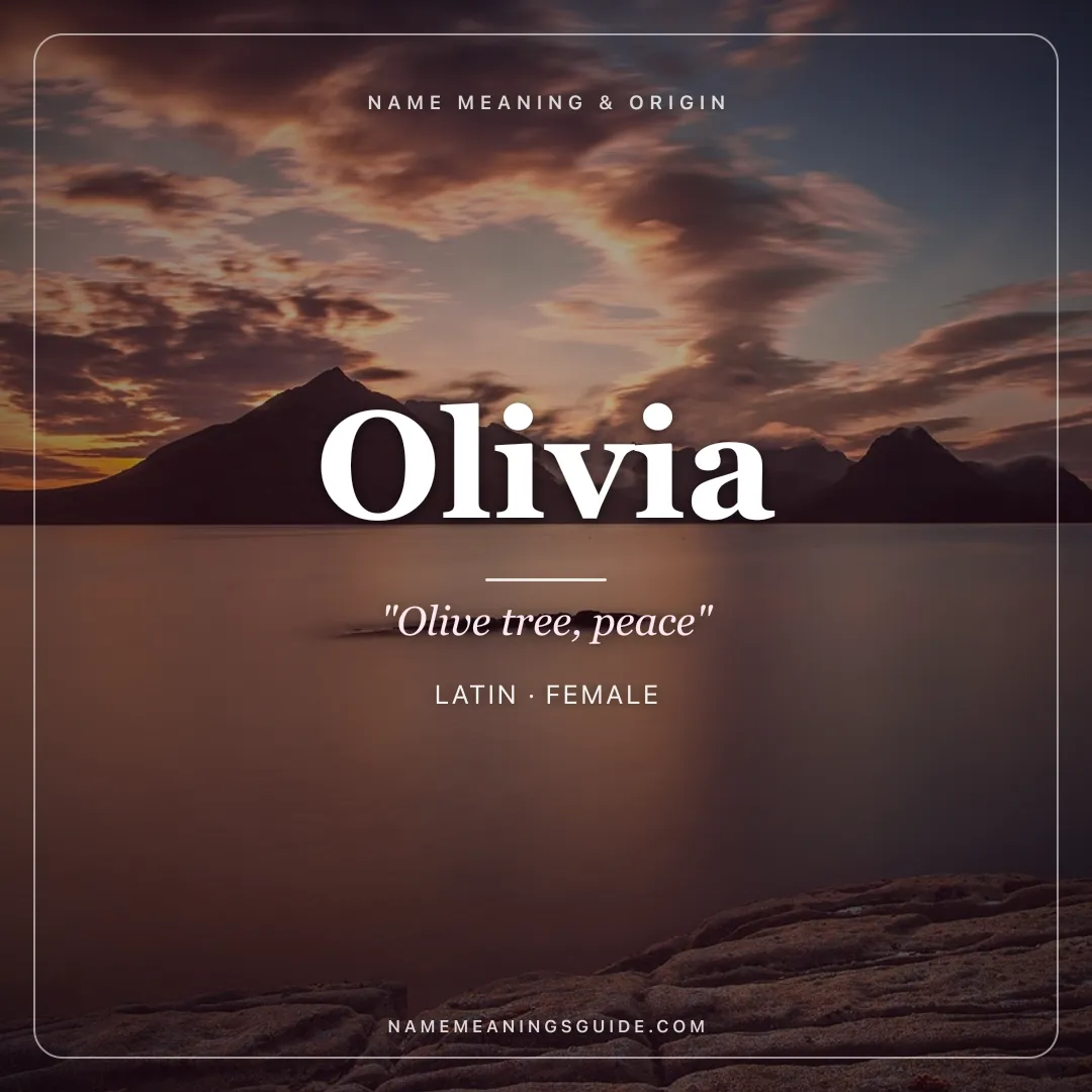 Olivia name meaning "Olive tree, peace" - Latin female name share card | NameMeanings