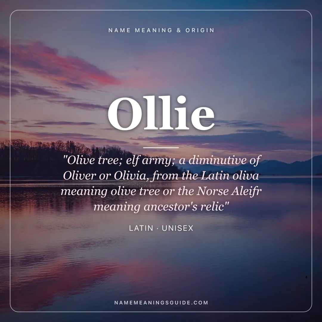 Ollie name meaning "Olive tree; elf army; a diminutive of Oliver or Olivia, from the Latin oliva meaning olive tree or the Norse Aleifr meaning ancestor's relic" - Latin unisex name share card | NameMeanings