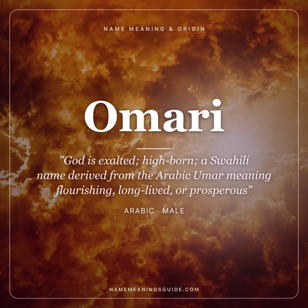 Omari name meaning "God is exalted; high-born; a Swahili name derived from the Arabic Umar meaning flourishing, long-lived, or prosperous" - Arabic male name share card | NameMeanings