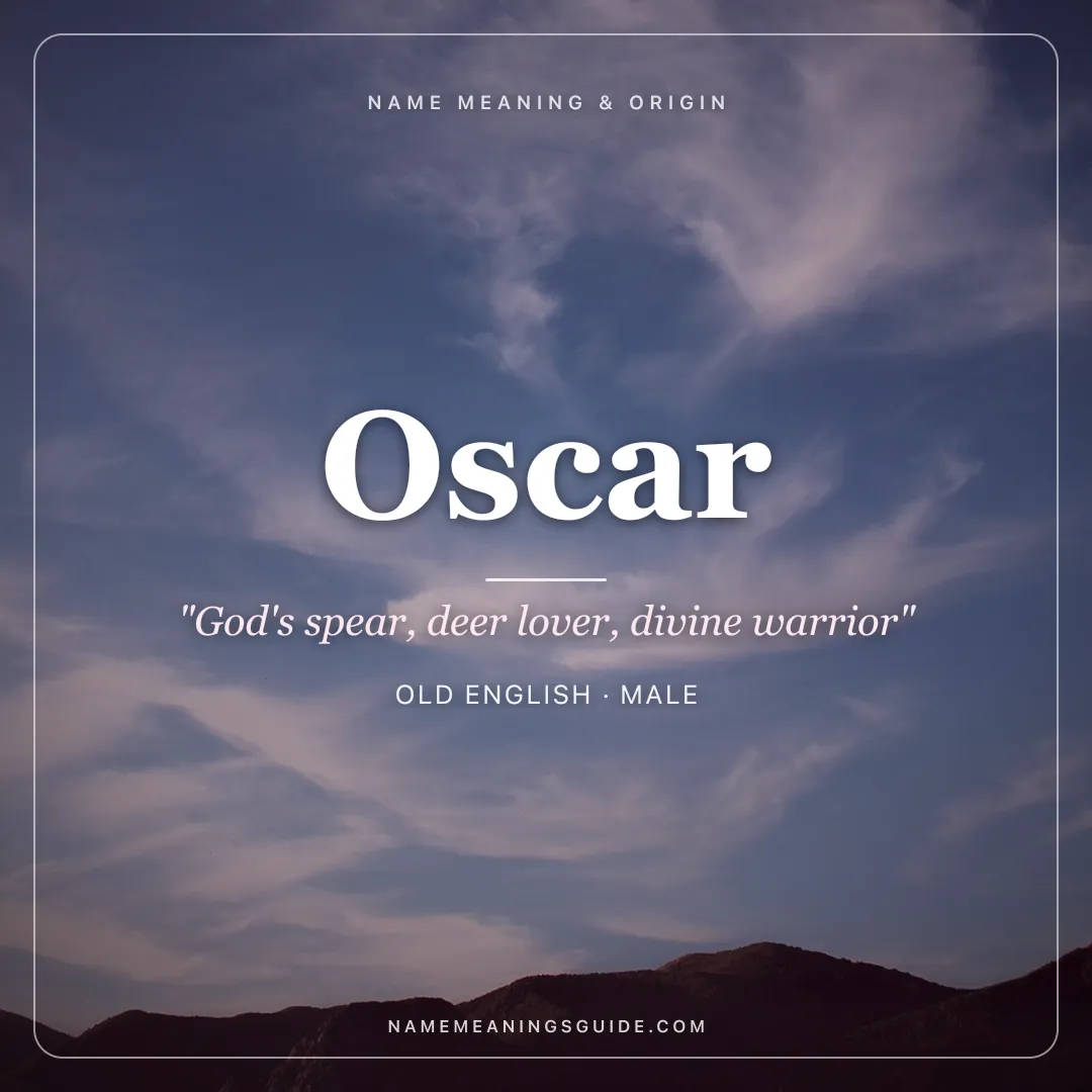 Oscar name meaning "God's spear, deer lover, divine warrior" - Old English, Irish, Old Norse male name share card | NameMeanings