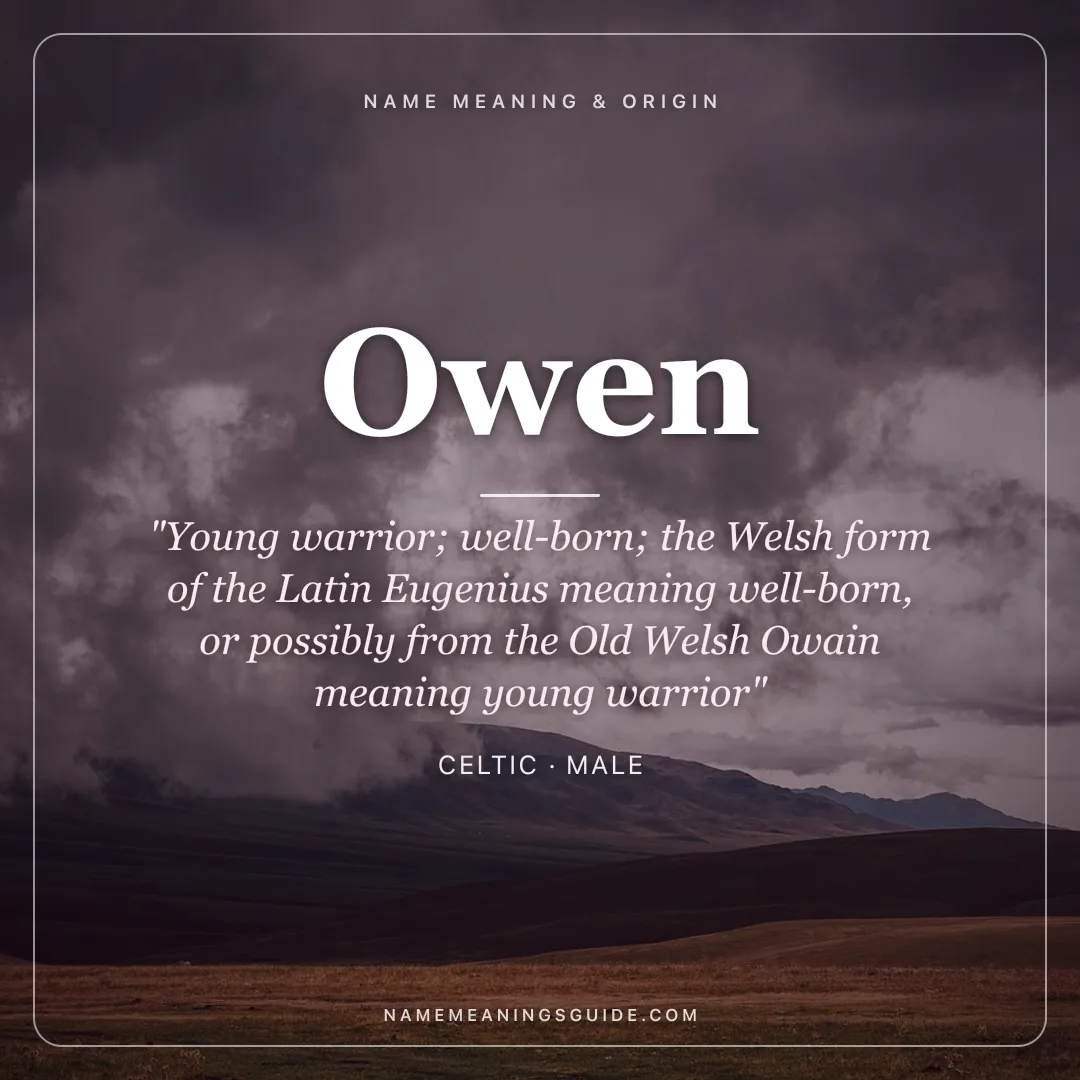 Owen name meaning "Young warrior; well-born; the Welsh form of the Latin Eugenius meaning well-born, or possibly from the Old Welsh Owain meaning young warrior" - Celtic male name share card | NameMeanings