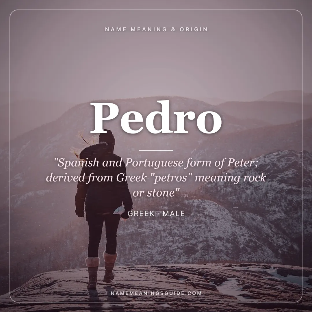 Pedro name meaning "Spanish and Portuguese form of Peter; derived from Greek "petros" meaning rock or stone" - Greek male name share card | NameMeanings