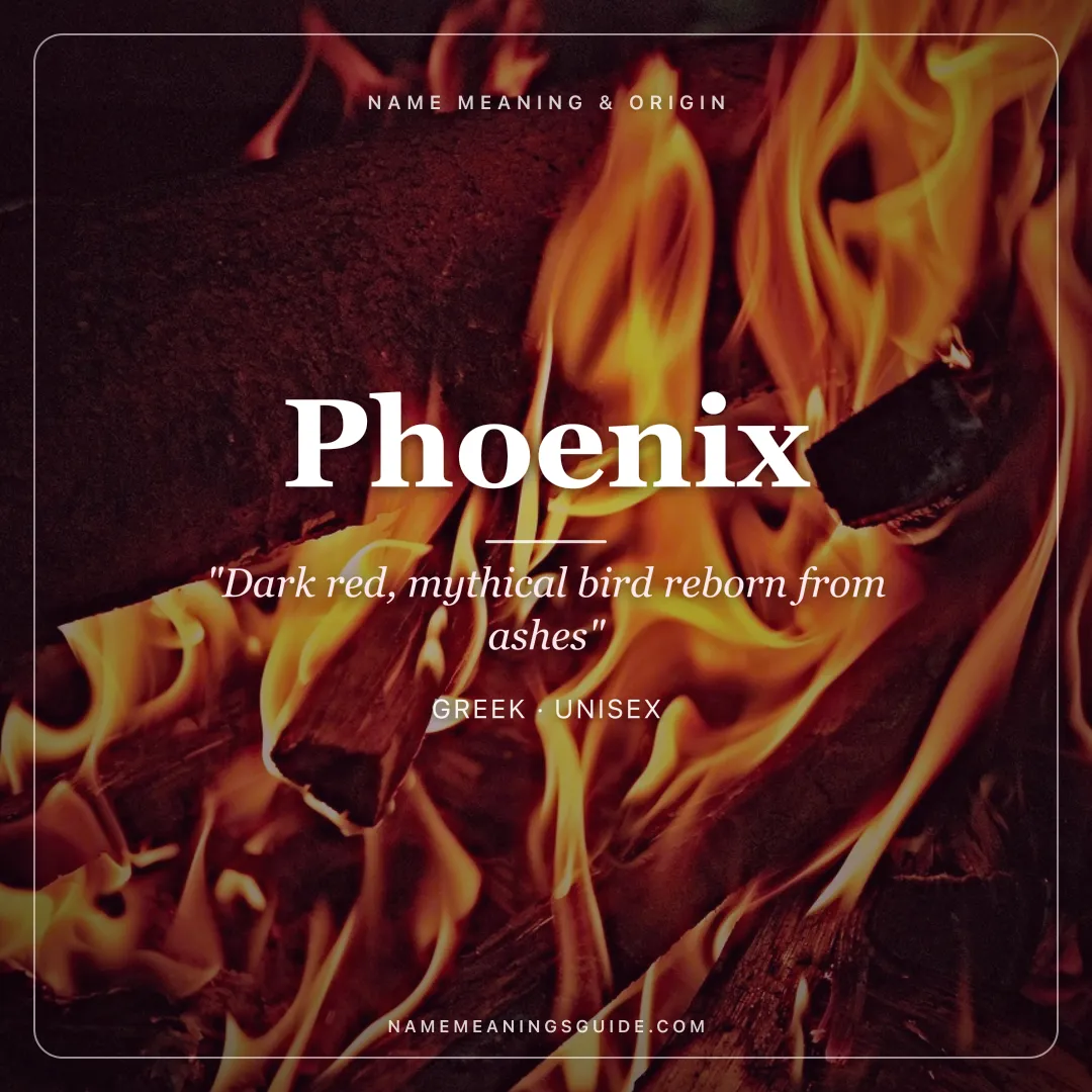 Phoenix name meaning "Dark red, mythical bird reborn from ashes" - Greek unisex name share card | NameMeanings