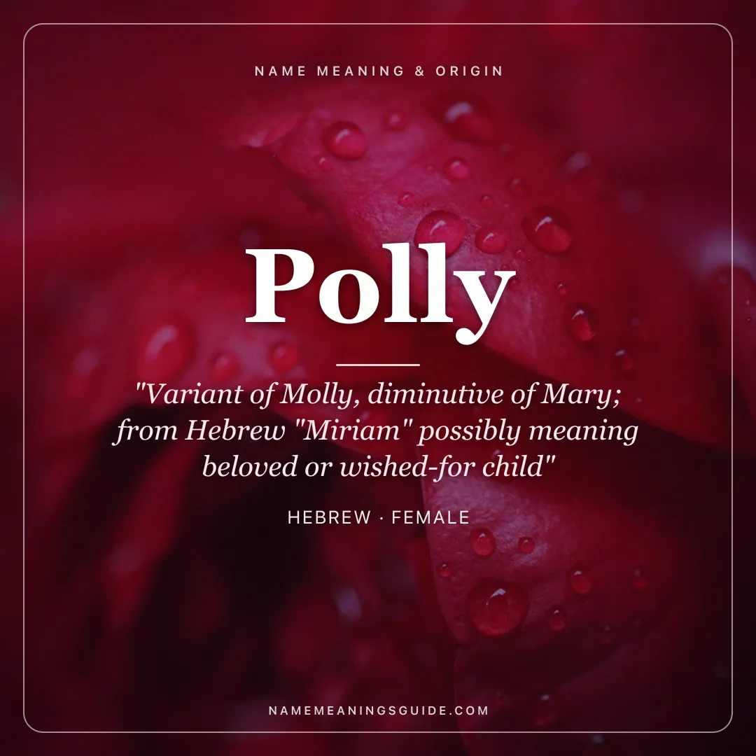 Polly name meaning "Variant of Molly, diminutive of Mary; from Hebrew "Miriam" possibly meaning beloved or wished-for child" - Hebrew female name share card | NameMeanings