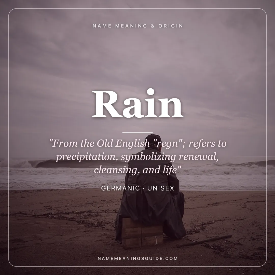 Rain name meaning "From the Old English "regn"; refers to precipitation, symbolizing renewal, cleansing, and life" - Germanic unisex name share card | NameMeanings