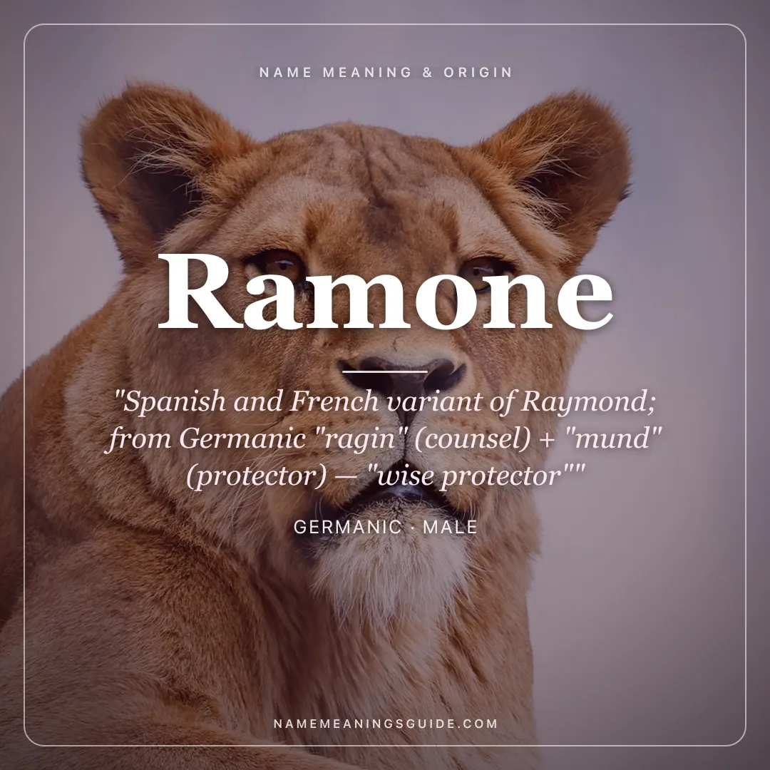 Ramone name meaning "Spanish and French variant of Raymond; from Germanic "ragin" (counsel) + "mund" (protector) — "wise protector"" - Germanic male name share card | NameMeanings