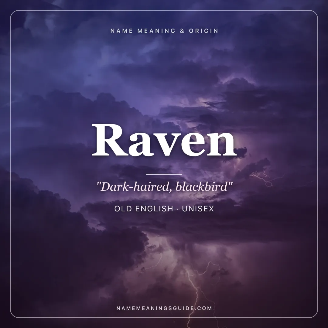 Raven name meaning "Dark-haired, blackbird" - Old English unisex name share card | NameMeanings