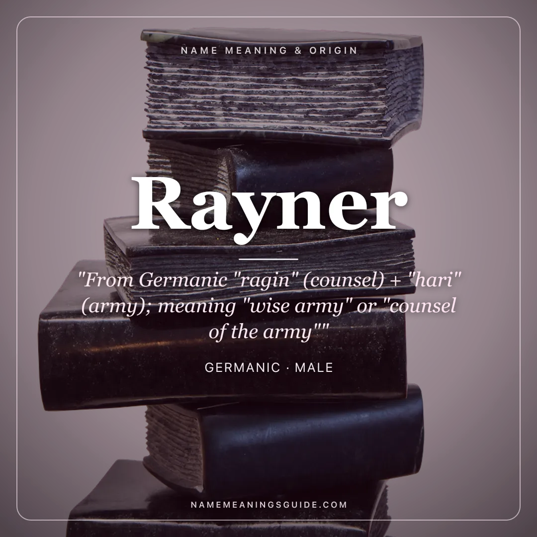 Rayner name meaning "From Germanic "ragin" (counsel) + "hari" (army); meaning "wise army" or "counsel of the army"" - Germanic male name share card | NameMeanings