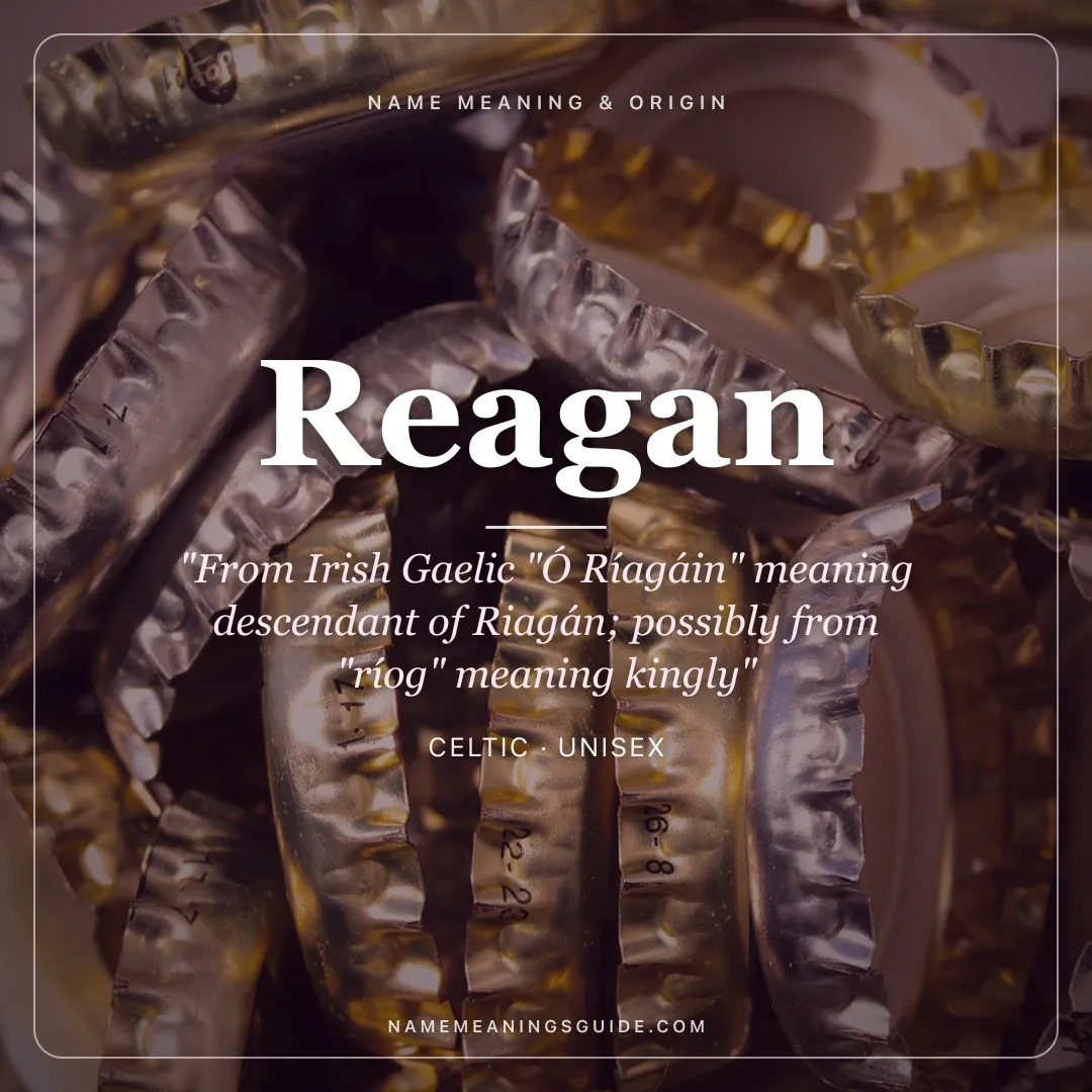 Reagan name meaning "From Irish Gaelic "Ó Ríagáin" meaning descendant of Riagán; possibly from "ríog" meaning kingly" - Celtic unisex name share card | NameMeanings