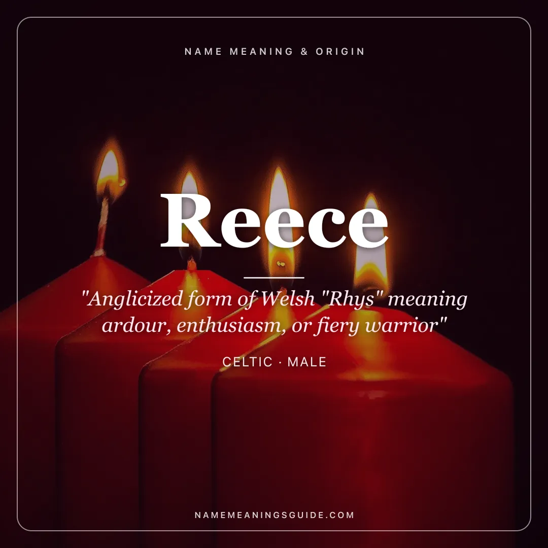 Reece name meaning "Anglicized form of Welsh "Rhys" meaning ardour, enthusiasm, or fiery warrior" - Celtic male name share card | NameMeanings