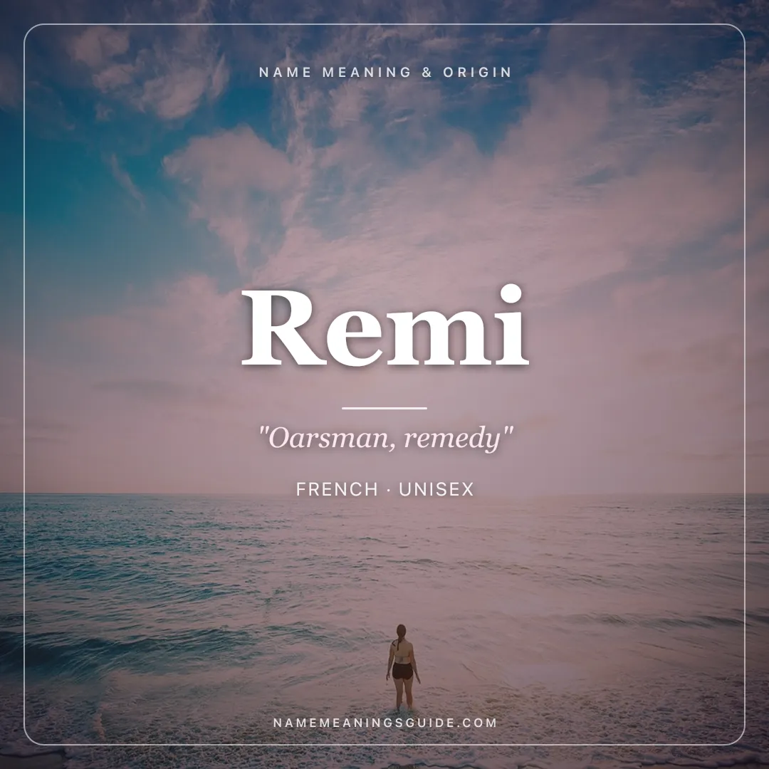 Remi name meaning "Oarsman, remedy" - French, Latin unisex name share card | NameMeanings