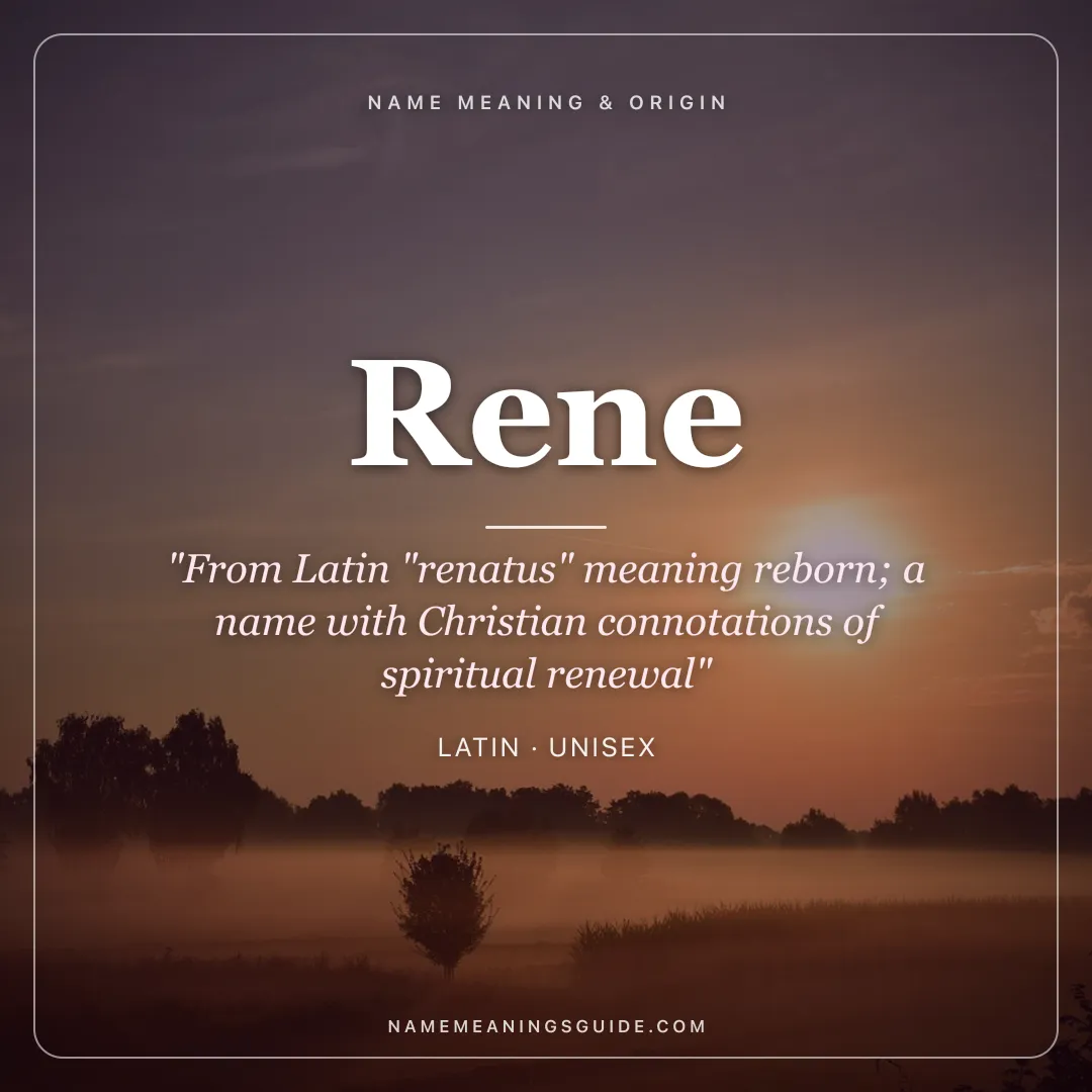 Rene name meaning "From Latin "renatus" meaning reborn; a name with Christian connotations of spiritual renewal" - Latin unisex name share card | NameMeanings