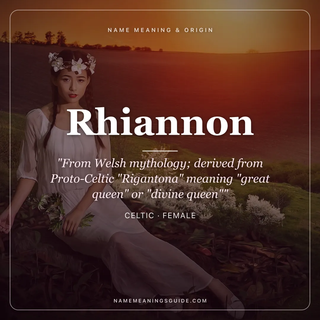 Rhiannon name meaning "From Welsh mythology; derived from Proto-Celtic "Rigantona" meaning "great queen" or "divine queen"" - Celtic female name share card | NameMeanings