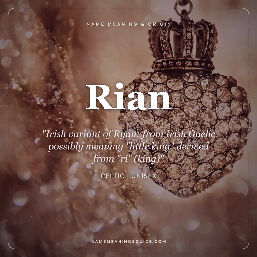 Rian name meaning "Irish variant of Ryan; from Irish Gaelic possibly meaning "little king" derived from "rí" (king)" - Celtic unisex name share card | NameMeanings