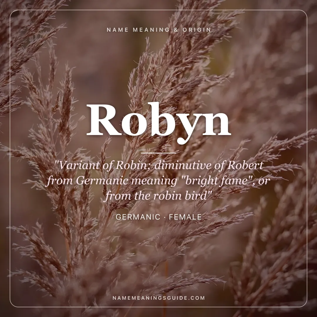 Robyn name meaning "Variant of Robin; diminutive of Robert from Germanic meaning "bright fame", or from the robin bird" - Germanic female name share card | NameMeanings