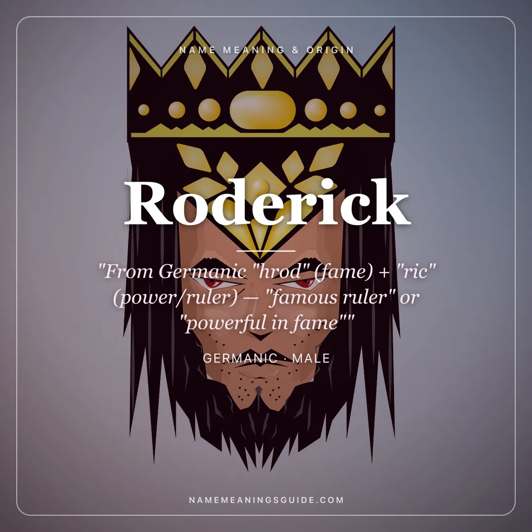 Roderick name meaning "From Germanic "hrod" (fame) + "ric" (power/ruler) — "famous ruler" or "powerful in fame"" - Germanic male name share card | NameMeanings