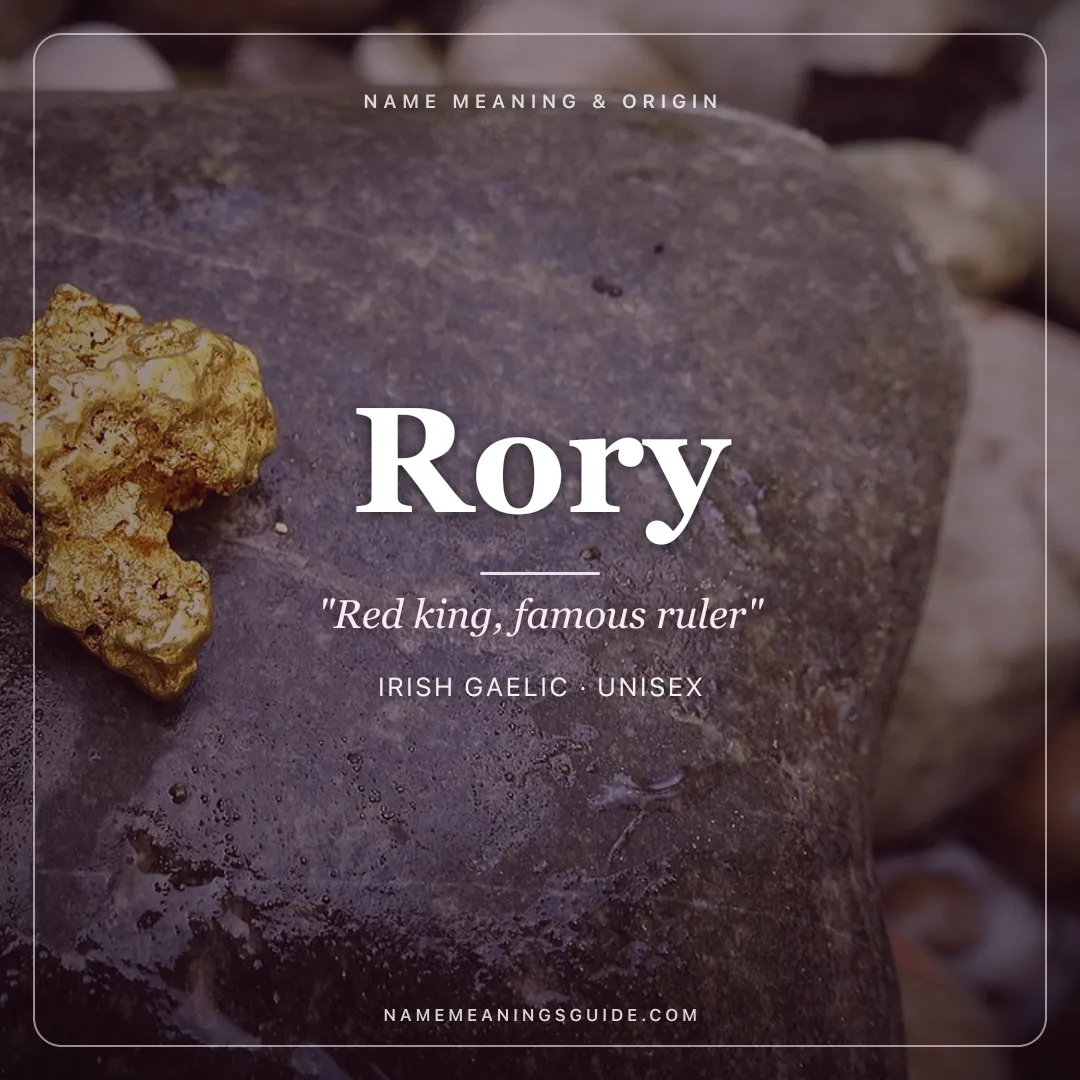 Rory name meaning "Red king, famous ruler" - Irish Gaelic unisex name share card | NameMeanings