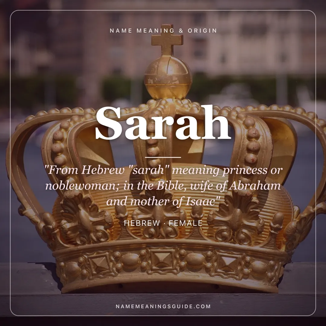 Sarah name meaning "From Hebrew "sarah" meaning princess or noblewoman; in the Bible, wife of Abraham and mother of Isaac" - Hebrew female name share card | NameMeanings