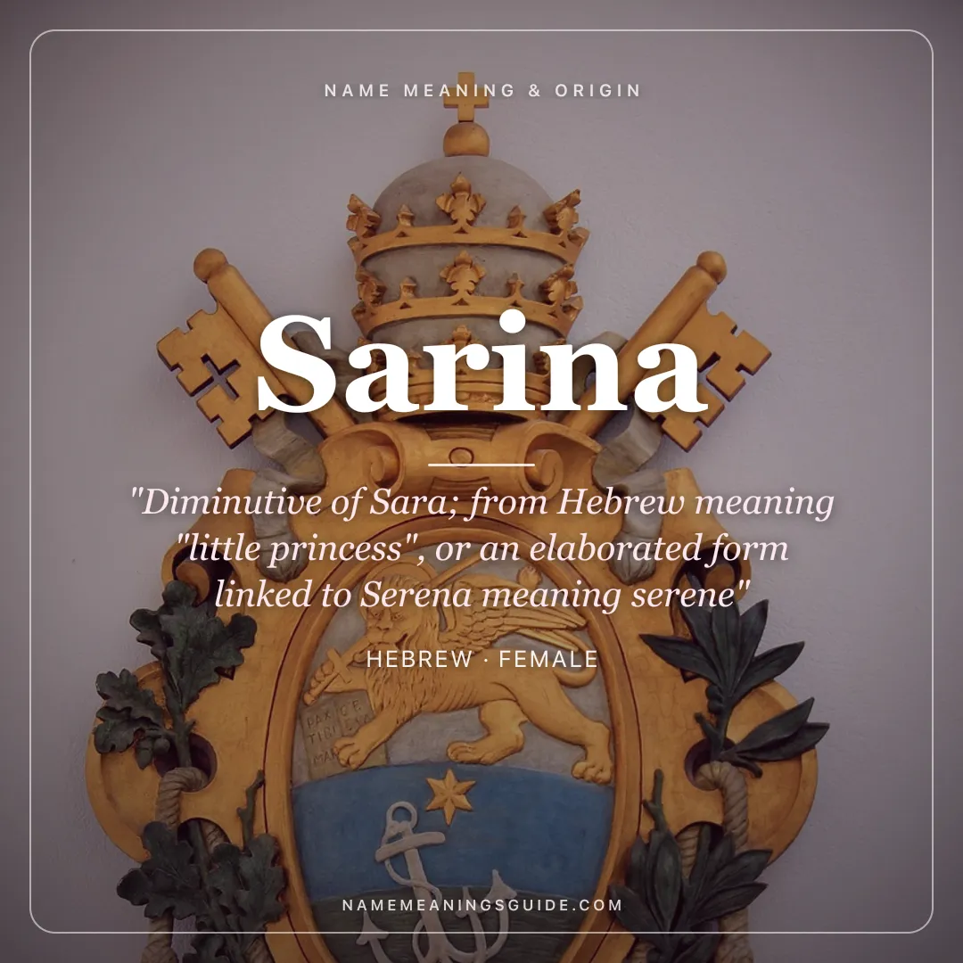 Sarina name meaning "Diminutive of Sara; from Hebrew meaning "little princess", or an elaborated form linked to Serena meaning serene" - Hebrew female name share card | NameMeanings