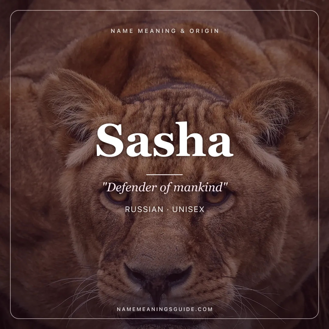 Sasha name meaning "Defender of mankind" - Russian, Greek unisex name share card | NameMeanings