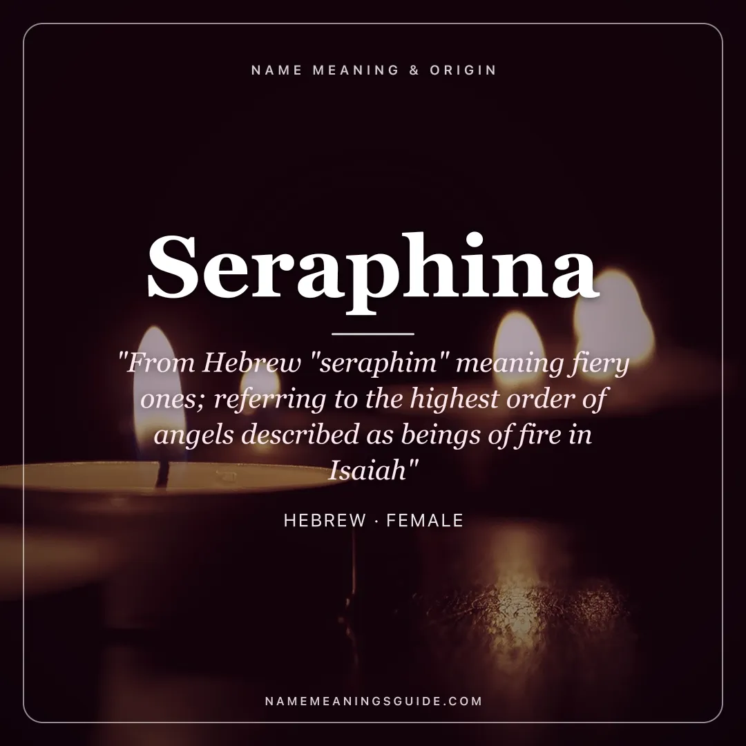 Seraphina name meaning "From Hebrew "seraphim" meaning fiery ones; referring to the highest order of angels described as beings of fire in Isaiah" - Hebrew female name share card | NameMeanings