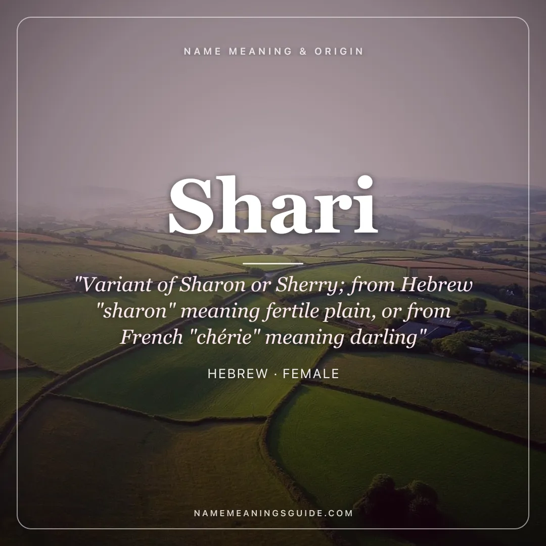 Shari name meaning "Variant of Sharon or Sherry; from Hebrew "sharon" meaning fertile plain, or from French "chérie" meaning darling" - Hebrew female name share card | NameMeanings