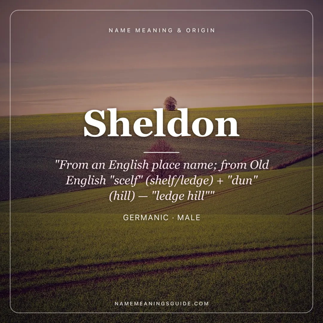 Sheldon name meaning "From an English place name; from Old English "scelf" (shelf/ledge) + "dun" (hill) — "ledge hill"" - Germanic male name share card | NameMeanings