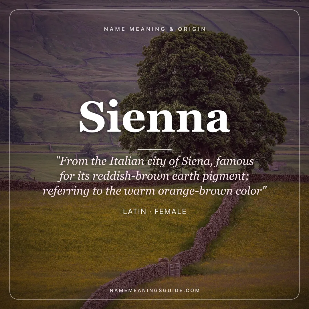 Sienna name meaning "From the Italian city of Siena, famous for its reddish-brown earth pigment; referring to the warm orange-brown color" - Latin female name share card | NameMeanings
