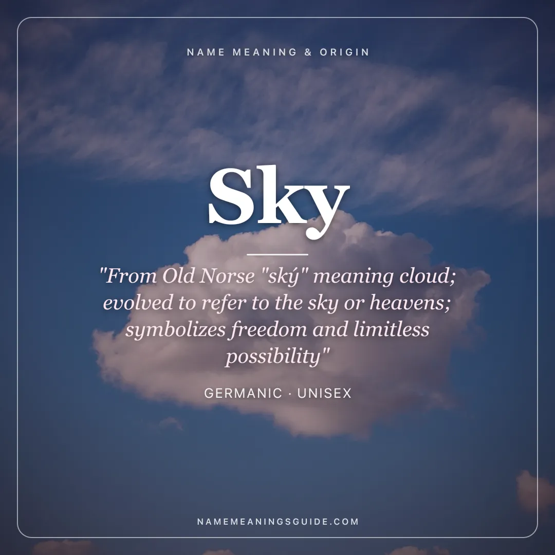 Sky name meaning "From Old Norse "ský" meaning cloud; evolved to refer to the sky or heavens; symbolizes freedom and limitless possibility" - Germanic unisex name share card | NameMeanings