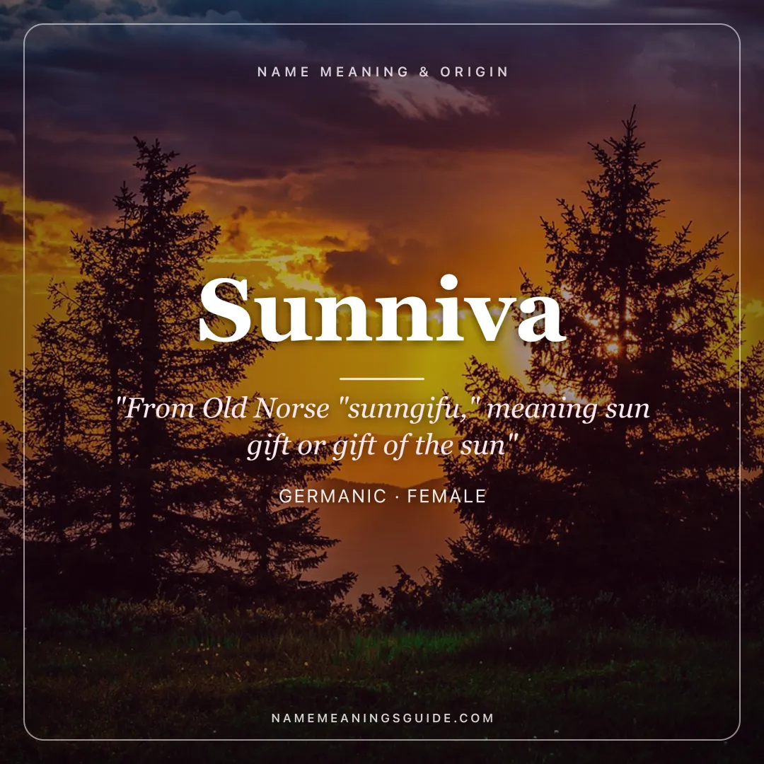 Sunniva name meaning "From Old Norse "sunngifu," meaning sun gift or gift of the sun" - Germanic female name share card | NameMeanings