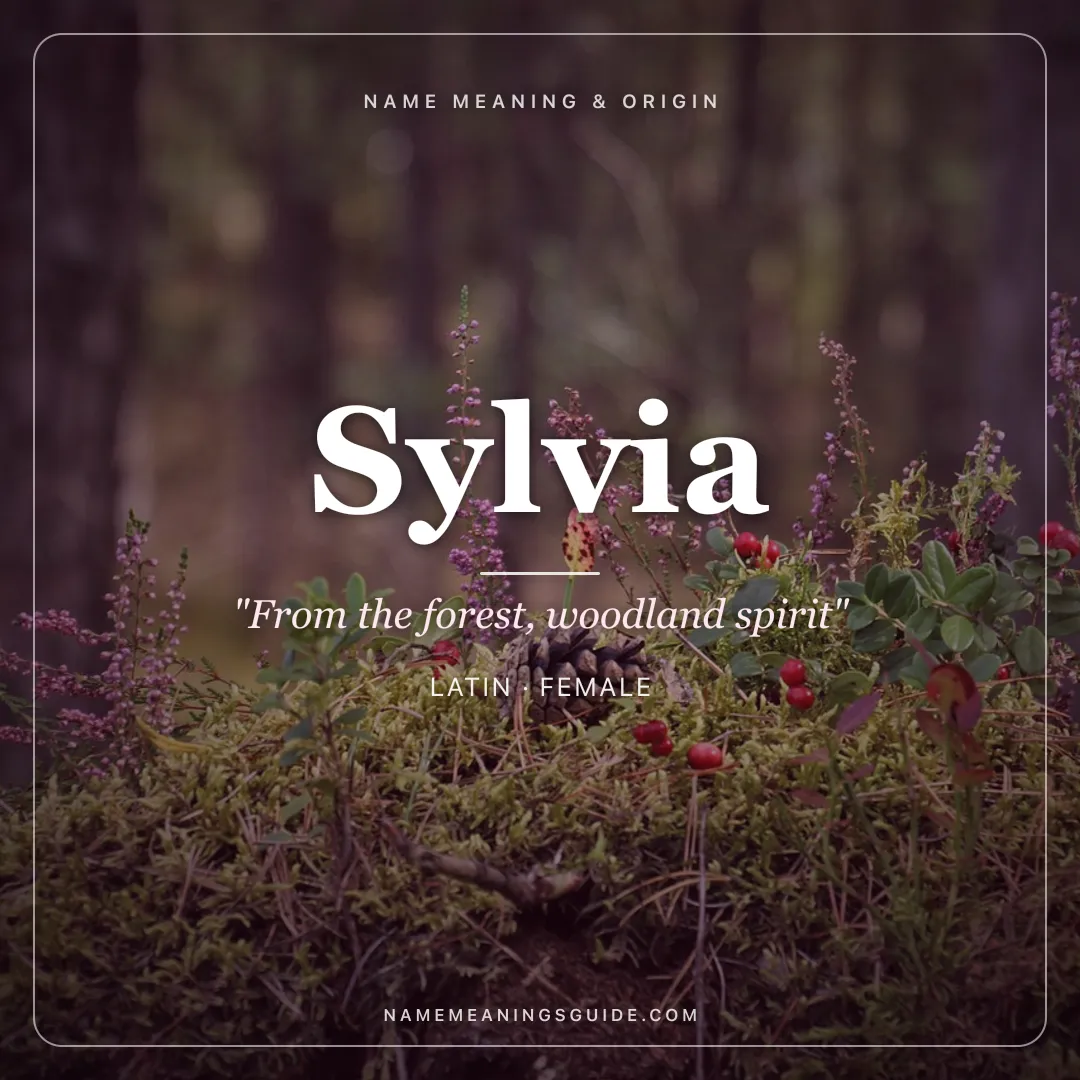 Sylvia name meaning "From the forest, woodland spirit" - Latin female name share card | NameMeanings