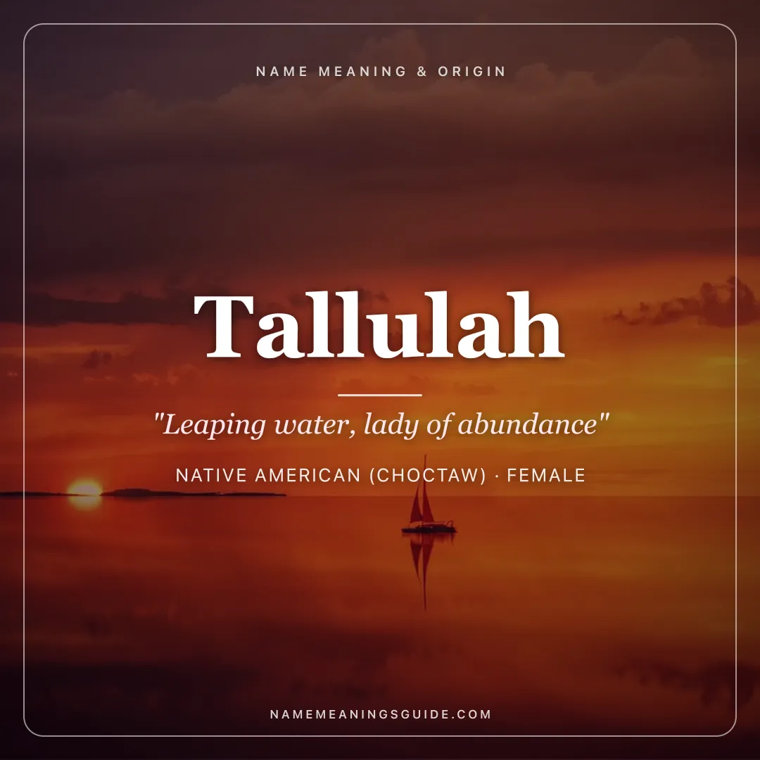 Tallulah name meaning "Leaping water, lady of abundance" - Native American (Choctaw), Irish female name share card | NameMeanings