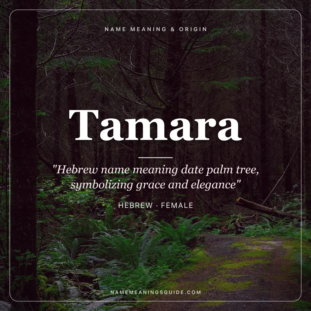 Tamara name meaning "Hebrew name meaning date palm tree, symbolizing grace and elegance" - Hebrew female name share card | NameMeanings