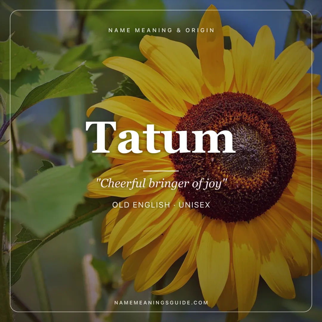 Tatum name meaning "Cheerful bringer of joy" - Old English unisex name share card | NameMeanings