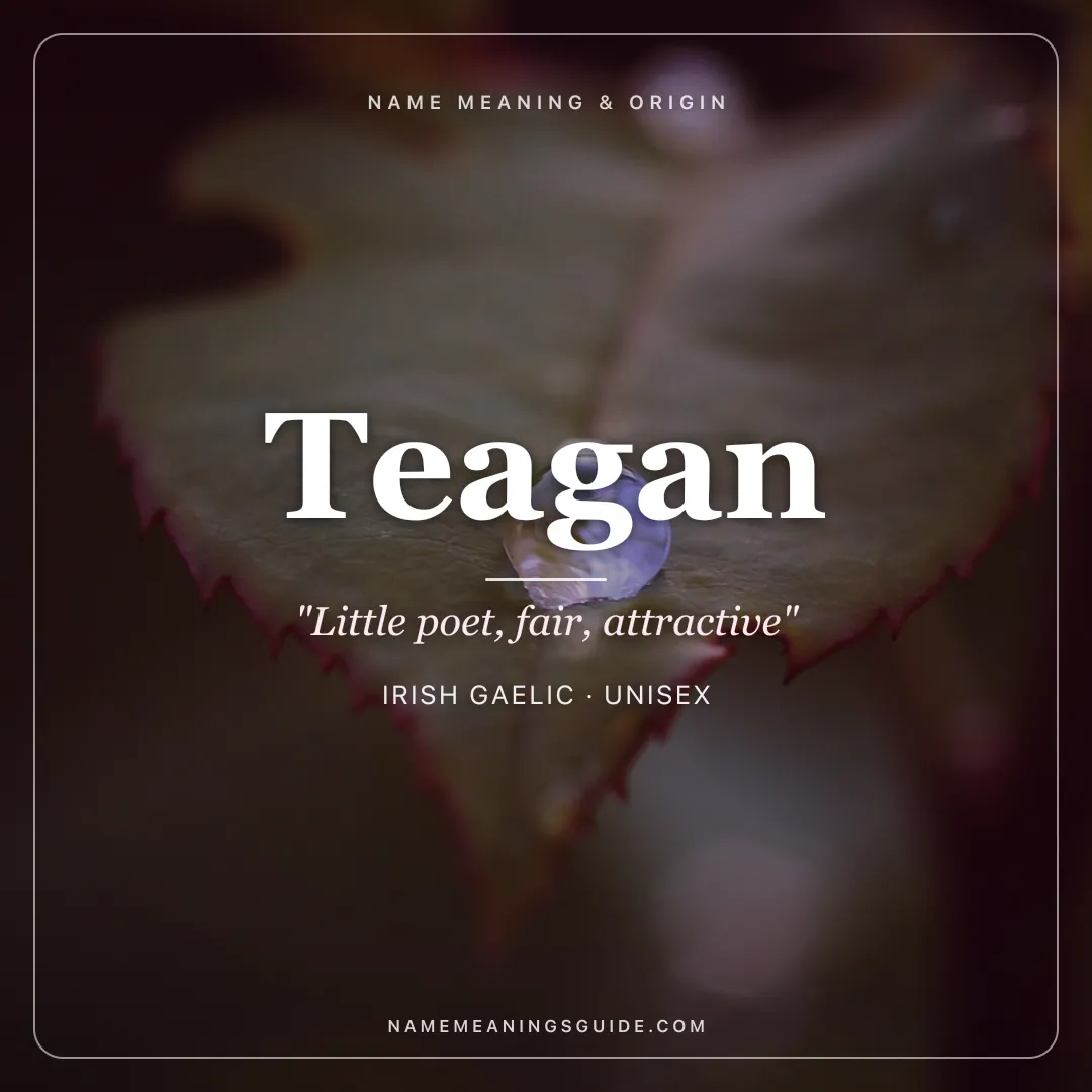 Teagan name meaning "Little poet, fair, attractive" - Irish Gaelic unisex name share card | NameMeanings