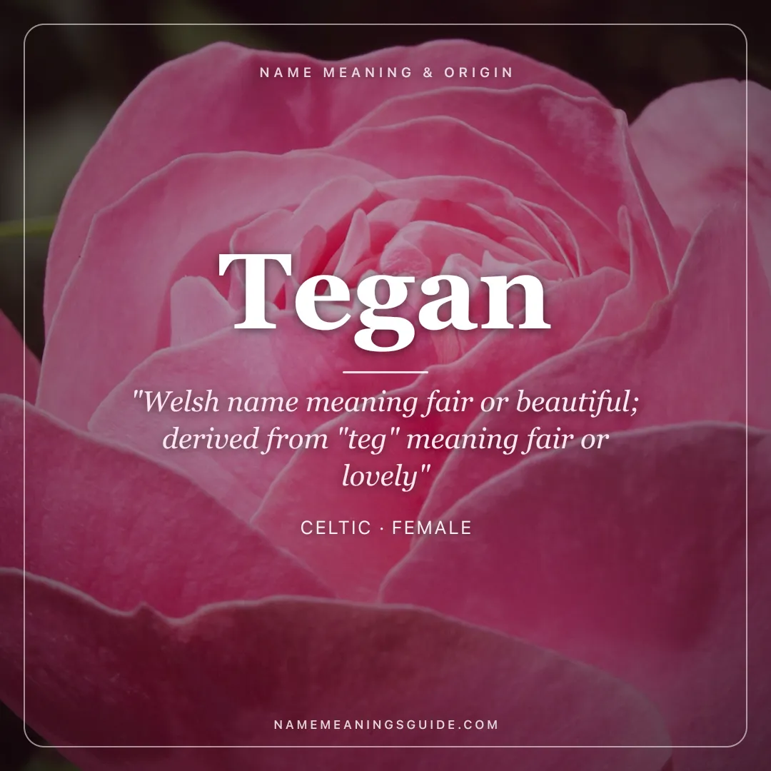 Tegan name meaning "Welsh name meaning fair or beautiful; derived from "teg" meaning fair or lovely" - Celtic female name share card | NameMeanings